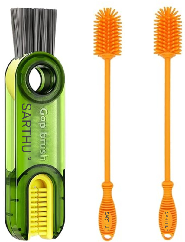 HIDIX 1 Cap & Cup Cleaner Brush + 2 Long Handle Silicone Bottle Cleaning Brushes Set 3(Multicolor)