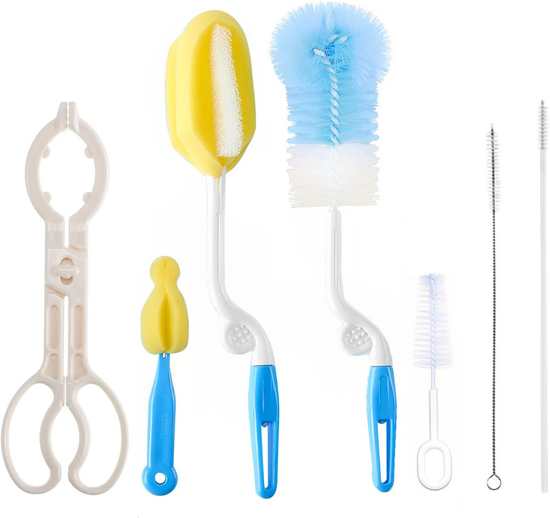 SYGA 7 Pcs Baby Milk Bottle Nipple Straw Brush Sponge Nylon Cleaning Brush Cleaner Bottle Tong Set(Multicolor)