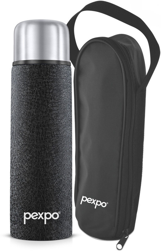 pexpo Thermosteel Vacuum, 18 Hrs Hot and Cold with Zipper Bag Flip-Pro 1000 ml Steel Flask(Pack of 1, Black)