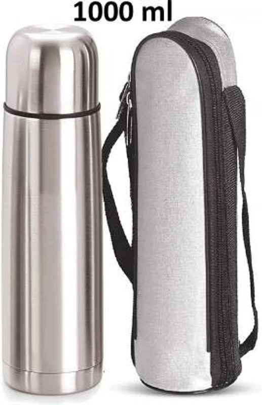 SHUVASTU Thermosteel 24 Hours Hot and Cold Flip Lid Cover Double Wall Coffee Tea Flask 1000 ml Steel Bottle With Drinking Glass(Pack of 1, Silver)