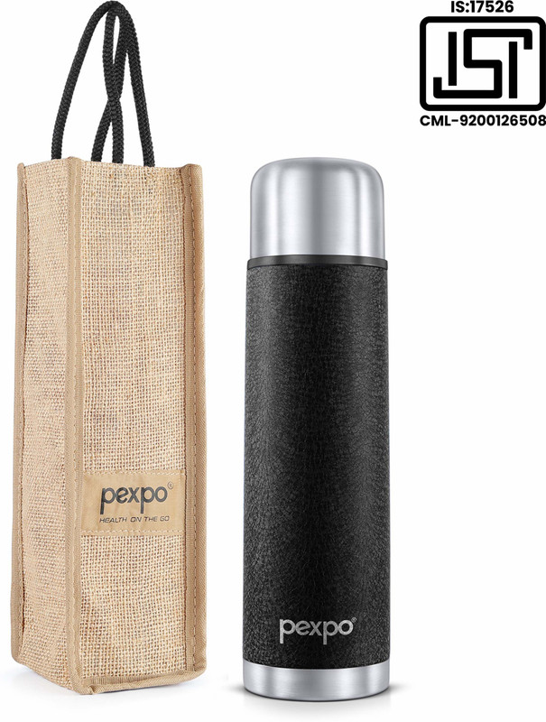 pexpo 24 Hrs Hot & Cold ISI Certified with Jute-bag Flexo Vacuum insulated Bottle 500 ml Steel Flask(Pack of 1, Black)