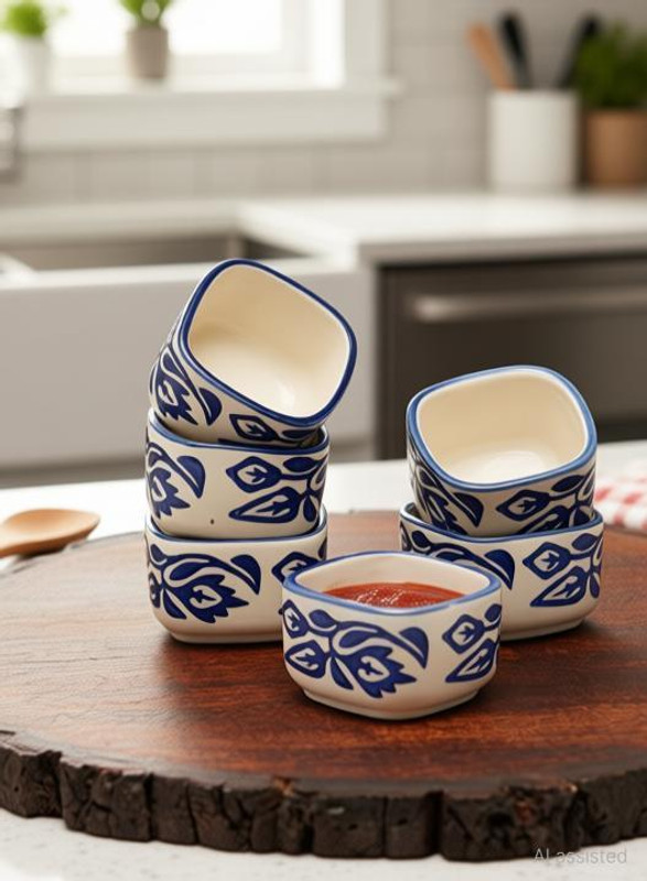 FREAKWAY Ceramic Mixing Bowl Handpainted Floral Studio Pottery Ceramic Chutney Bowl Set (40 ML, Small, Set of 6,(Pack of 6, Blue)