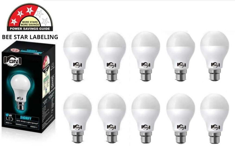 Gold Nation 10 W Standard B22 LED Bulb(White, Pack of 10)