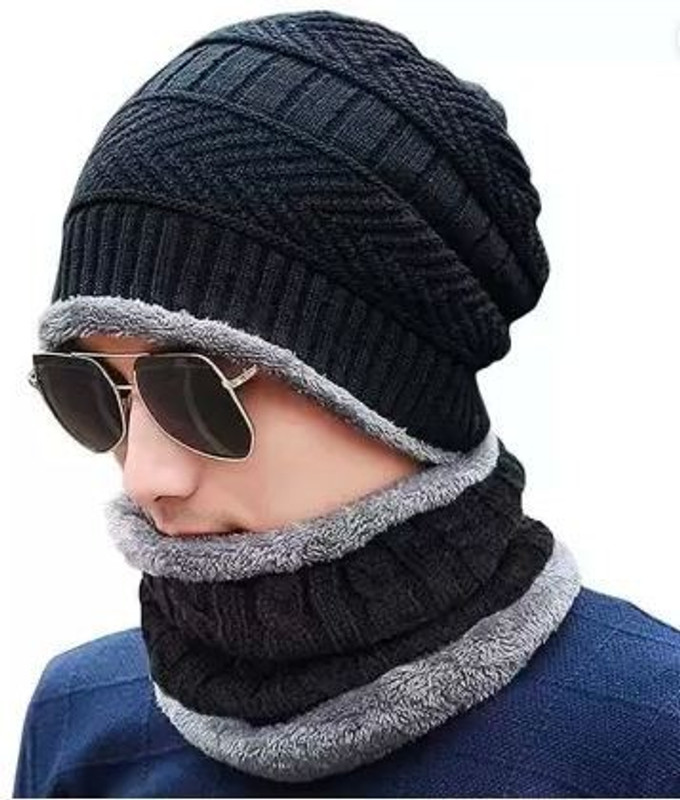 BESTPRICE4YOU WOOLEN BEANIE BESTPRICE4YOU BLACK COLOUR SCRAF (Fur Inside) SET Cap