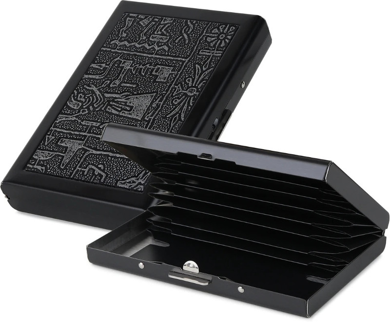 StealODeal Long-Lasting RFID Blocking Egypt Print PU With Metal Credit/Debit Metal 8 Card Holder(Set of 1, Black)