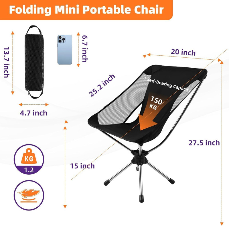 SHOPONIL 360°Rotating Portable Chair, Compact Folding Chair, Supports up to 136 kg Chair(Black)