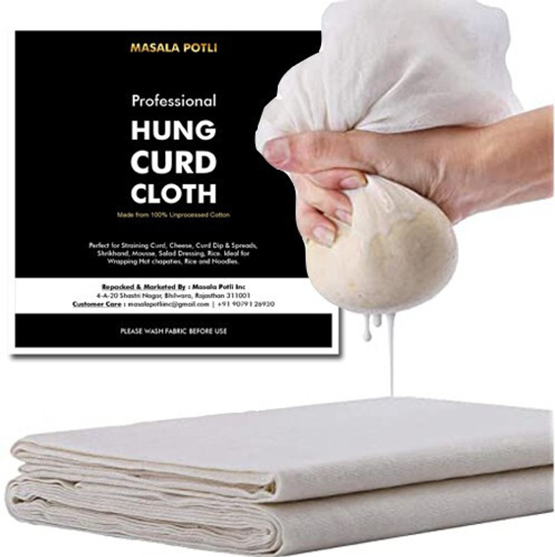 Masala Potli Professional Muslin-Hung Curd Cloth/Cheese Cloth for Straining Curd, Cheese, Yogurt, Nut Milk, Rice (100 Cm x 100 Cm) Collapsible Strainer(White Pack of 1)