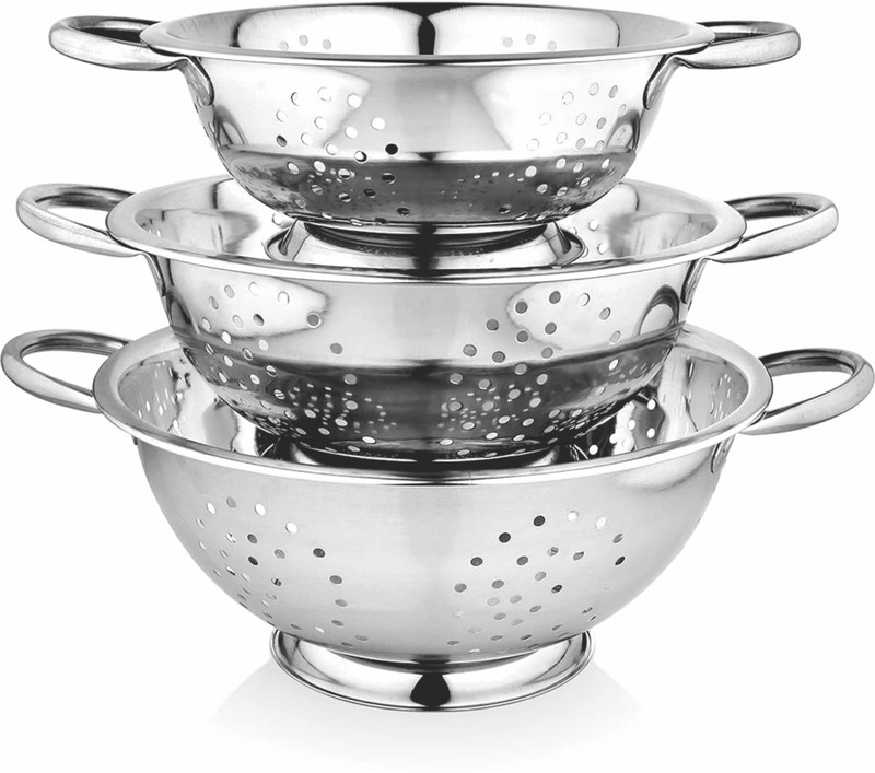 PRABHA stainless Steel Colander, Strainer, 23/26/28 CM with Pudding and Handle Collapsible Strainer(Silver Pack of 3)