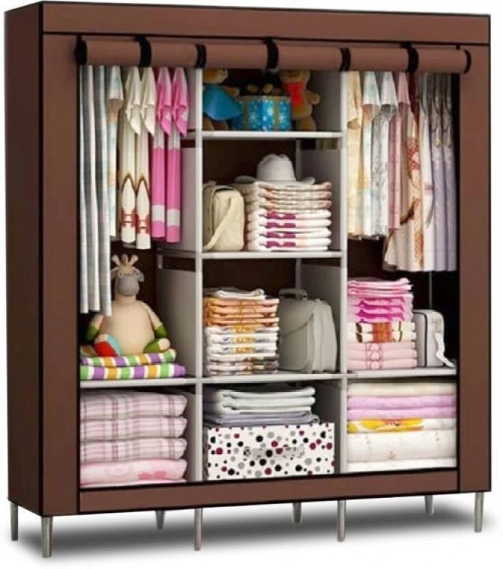 MEZIRE 8 shelf 3 door portable wardrobe for hanging cloth PP Collapsible Wardrobe(Finish Color - Brown, DIY(Do-It-Yourself))