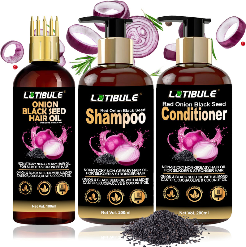 Latibule Red Onion Hair Oil Shampoo Conditinoer Anti Hair Loss Oil With Black Seed Combo(3 Items