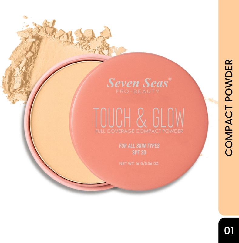 Seven Seas Touch & Glow Full Coverage Compact Powder | Oil Free and Waterproof Compact(01, 16 g)