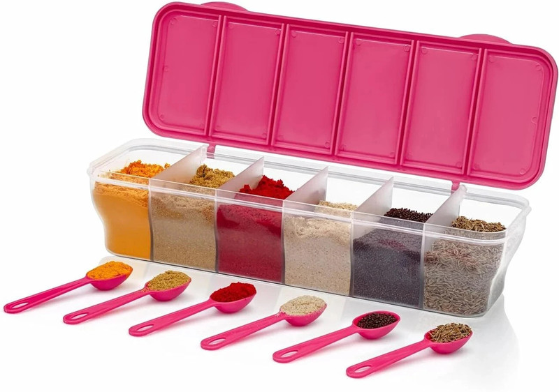TASTIC Multipurpose 6 Section Airtight Kitchen Storage Container with Spoon – For Spices, Dry Fruits, Pickles, and More, 6 In 1 Spice Set, 6 compartment Masala Box, Pickle Contianer, Kitchen Storage Container For Kitchen, Hotel & Restaurant, Fridge Storage Container 1 Piece Spice Set(Plastic)