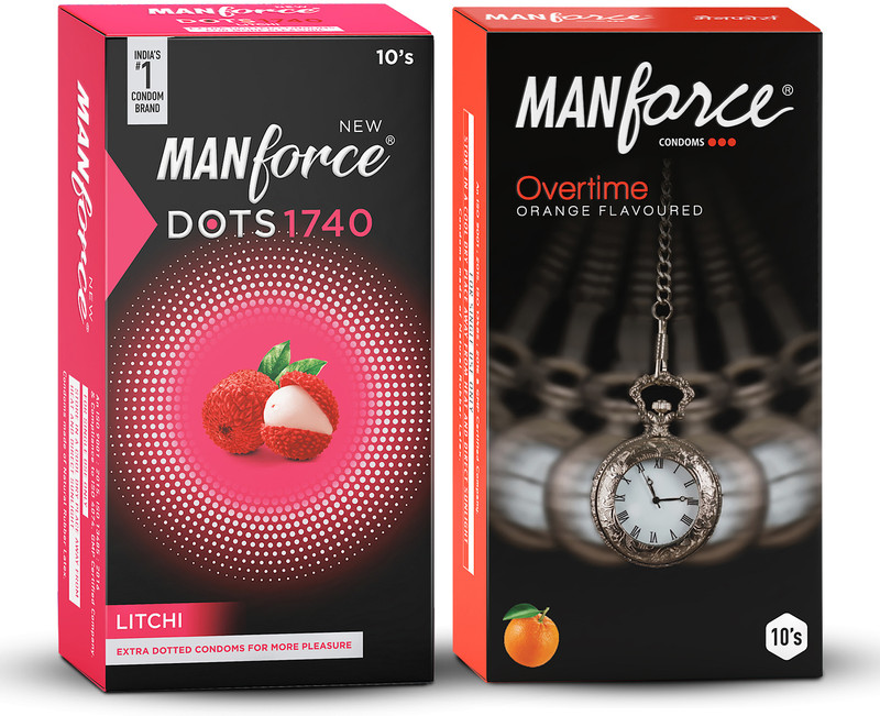 MANFORCE 3in1 (Ribbed,Dotted,Contoured) Overtime Orange and Extra Dotted Litchi Flavoured Condoms - 20 Pieces, (Pack of 2) Condom(Set of 2, 20 Sheets)