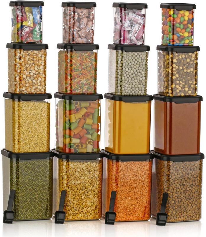 ROYALRYTE ENTERPRISE Plastic Grocery Container - 1400 ml, 950 ml, 650 ml, 350 ml(Pack of 16, Black)