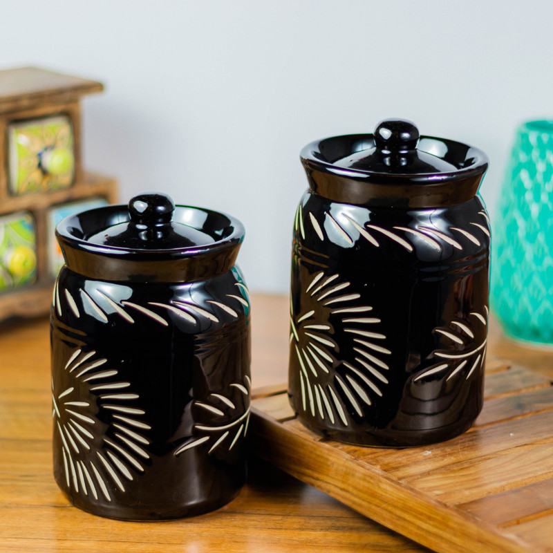 Newai Ceramic Pickle Jar  - 1000 ml(Pack of 2, Black)
