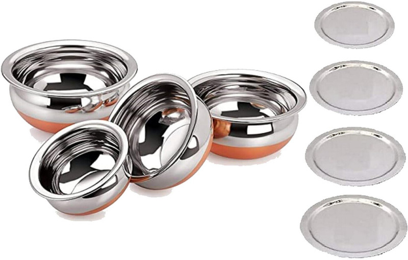 NARV Cooking & Serving Copper Bottom Handi Set Biryani Pot Punjabi Handi with Lid K0 5.5 inch, 6.2 inch, 6.6 inch Lid Set, Pack of 3(Steel)