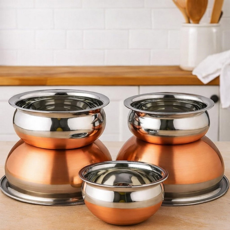 HM EVOTEK Stainless Steel Copper Base Handi Traditional Cooking Utensil Handi 0.5 L, 0.75 L, 1 L, 1.5 L, 2 L(Stainless Steel)
