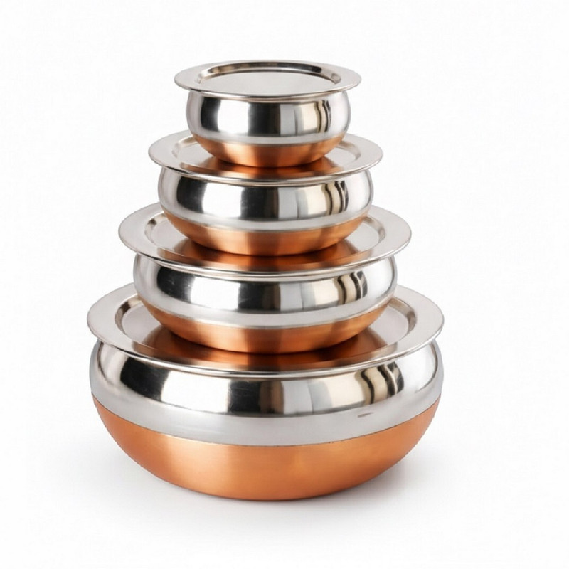 Masox Store Stainless Steel Copper Base Handi with Lid Cookware for Curry Preparation Cookware Set(Stainless Steel, 8 - Piece)