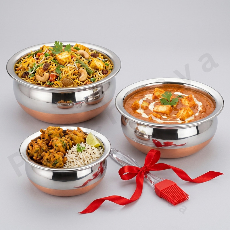 Padchaaya 3pcs Copper Bottom Serving Biryani Handi for Home & Restaurant+Oil Brush (Free) Handi 0.5 L, 0.75 L, 1 L(Copper, Steel, Non-stick, Induction Bottom)