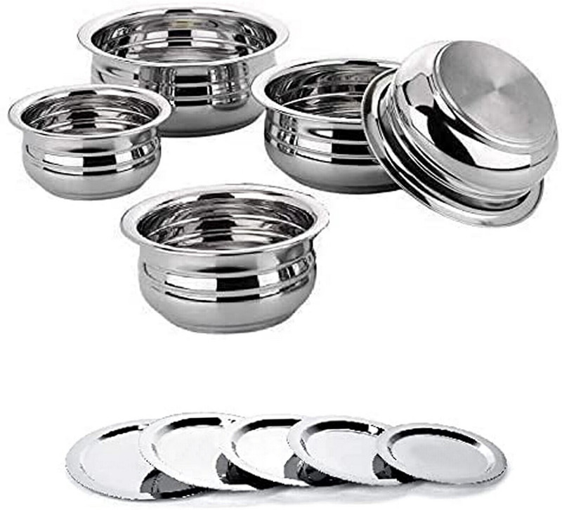 HM EVOTEK Handi with Lid Kitchen Serving Bowl Cooking Bowl, Biryani, Milk Pot Pan Handi A0 Handi 0.35 L, 0.5 L, 0.75 L, 1.1 L, 1.5 L with Lid(Stainless Steel)