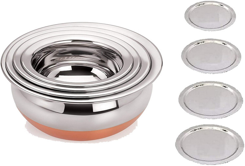 Masox Store Steel Cooking Handi Biryani Punjabi Kitchen Cooking and Serving Bowl with Lid F1 5.5 inch, 6.2 inch, 6.6 inch Lid Set, Pack of 3(Steel)