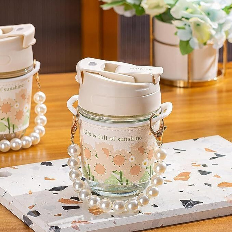 Coozico Pack of 1 Glass Glass Coffee Sipper Mugs with Pearl Chain Belt & Sleeve(Multicolor, Cup)
