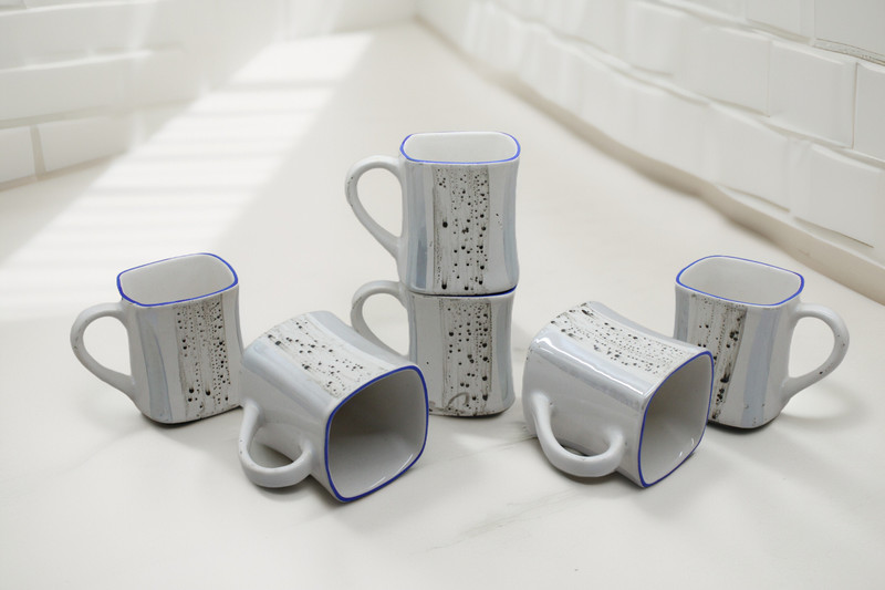 laghima jadon Pack of 6 Ceramic Tea/Coffee/Chai Cups Square shape Beautiful Premium Regular Use 125ML(White, Silver, Cup Set)