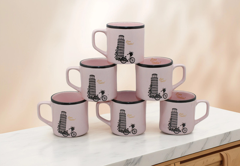 laghima jadon Pack of 6 Ceramic Tea/Coffee/Chai Cups Pipe shapem City Design Printed Beautiful Premium 200 ML(Pink, Cup Set)