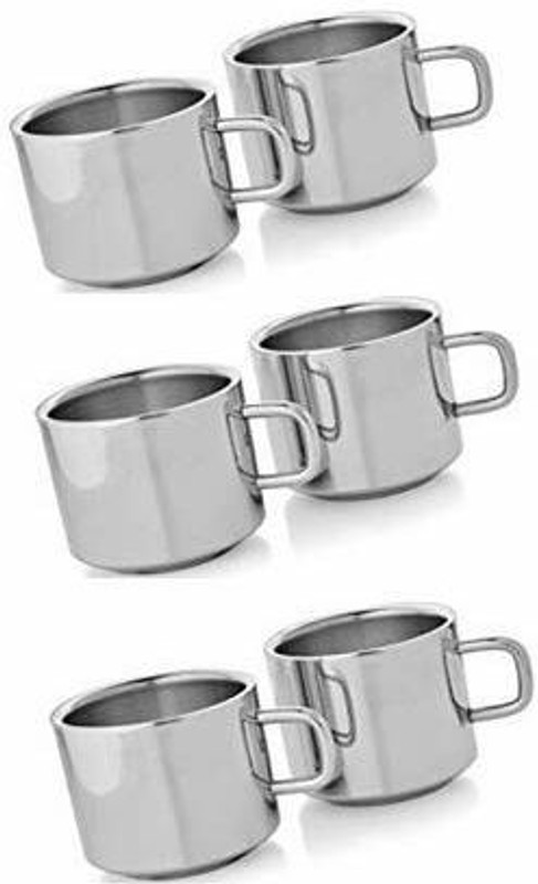 SATYAM CRAFT Pack of 6 Stainless Steel Cups for Tea Set of Six Stainless Steel Heavy Gauge Double Walled Tea/Coffee Cup (Silver)(Steel, Cup Set)