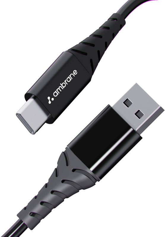Ambrane USB Type C Cable 3 A 1 m ACT-10 Plus(Compatible with Mobiles, Tablets, Power Banks, Speakers, Black, USB Type A To USB Type C, 20 W)