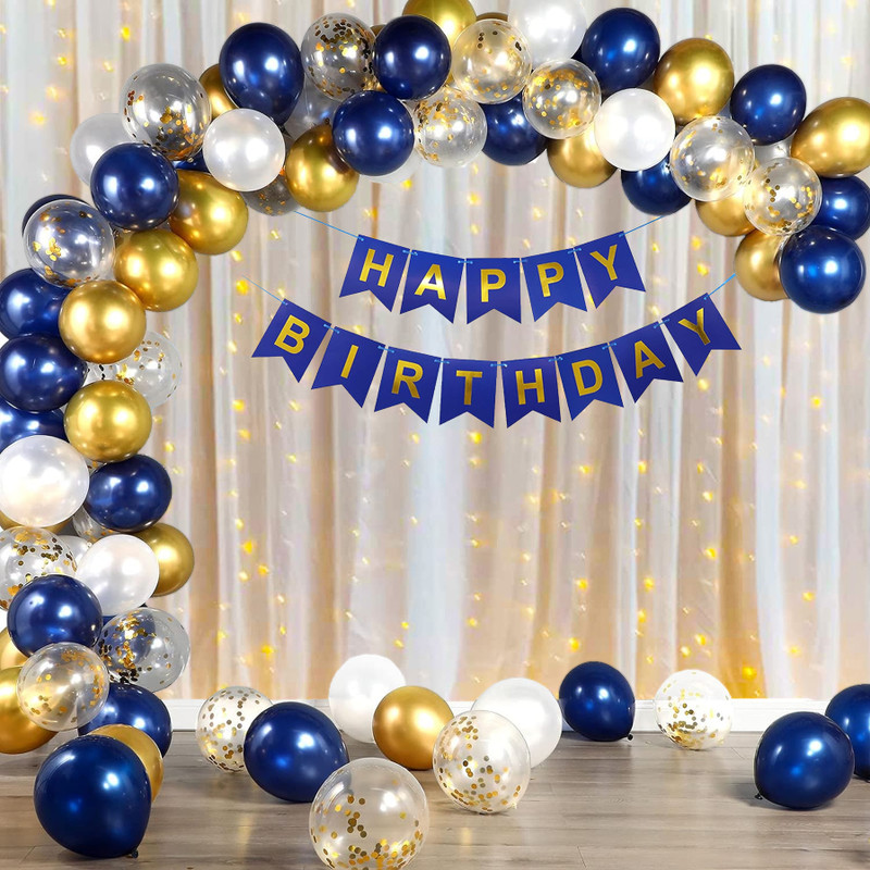 RP Bazaar Blue White and Golden Birthday Decoration Kit Combo with Net Curtain(Set of 43)