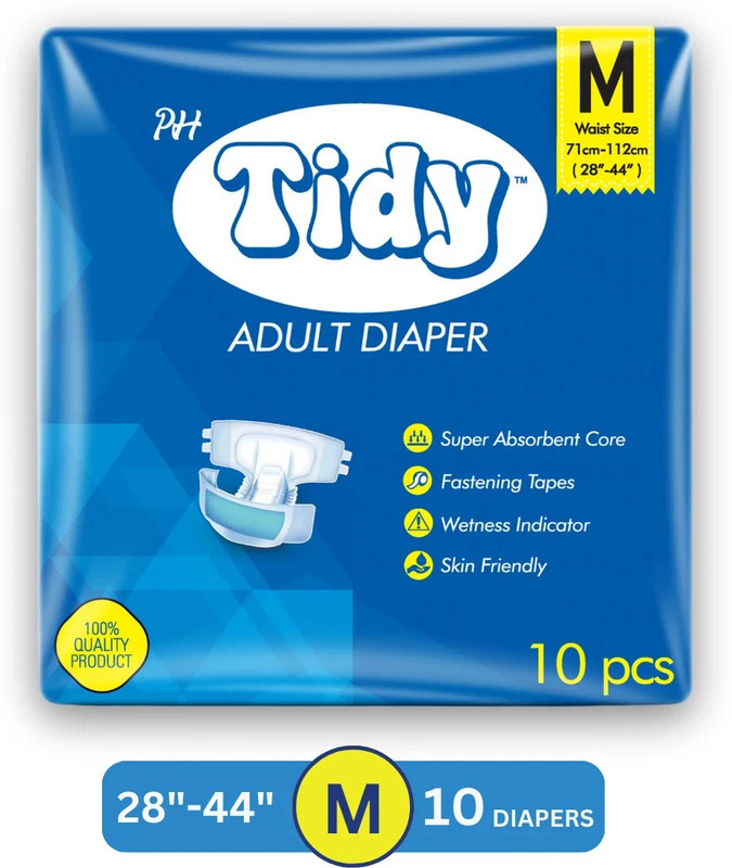 PH TIDY Tape Style | Up to 12 Hours Protection |Waist Size (28-44 Inches) Adult Diapers - M(10 Pieces)