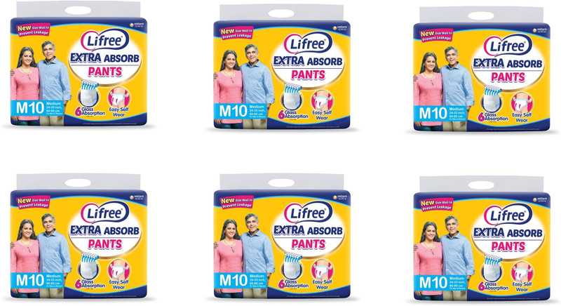 LIFREE Extra Absorb Pants - Medium (10 Pieces) - ( Pack of 6 ) Adult Diapers - M(60 Pieces)