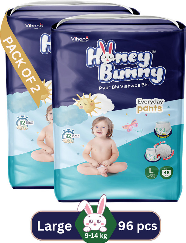 HONEY BUNNY Baby Diaper Pants with bubble top sheet| Extra Soft | 12 Hour protection - L(96 Pieces)
