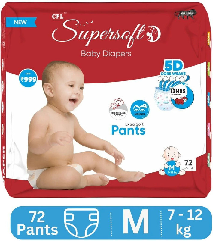 CPL SUPERSOFT Baby Diaper Pant Style | Up to 12 Hours Absorption | 7 - 12 Kg | Pack of 1 - M(72 Pieces)