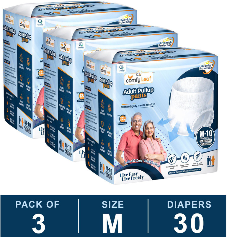 CL COMFY LEAF Unisex Pull-Up Pants, 12hrs Absorption | Waist Size (24-45inch) | Pack of 3 Adult Diapers - M(30 Pieces)