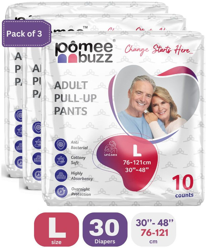 Pomee buzz Pull Ups Pants, Waist Size (76 - 126 Cm | 30 -48 Inch), (Pack of 3) Adult Diapers - L(30 Pieces)