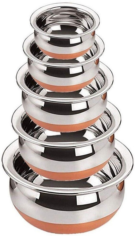 Masox Store Steel Copper Bottom Kitchen Serving, Cooking Bowl Steel Handi | Biryani Handi D2 Bowl Serving Set(Pack of 5)