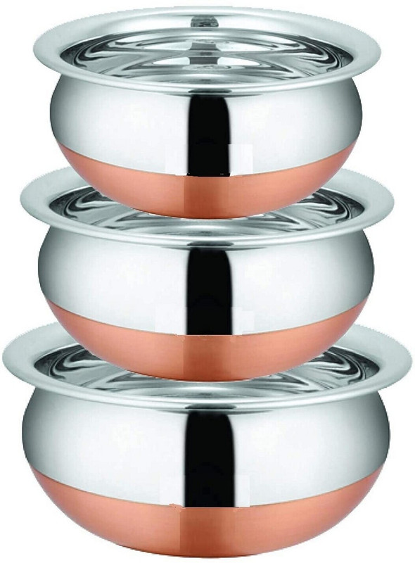 Masox Store Cooking & Serving Copper Bottom Handi Set Biryani Pot Punjabi Handi with Lid F1 Pack of 3 Cook and Serve Casserole Set(500 ml, 750 ml, 1100 ml)