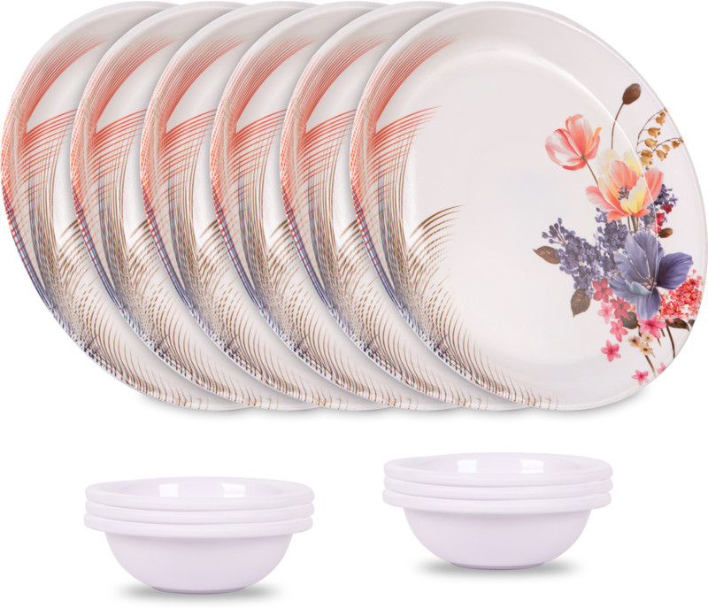 Home-pro Pack of 12 Melamin Melamine Boss 302, 6 Full Plates & 6 Bowl Set Dinner Set(Multicolor)
