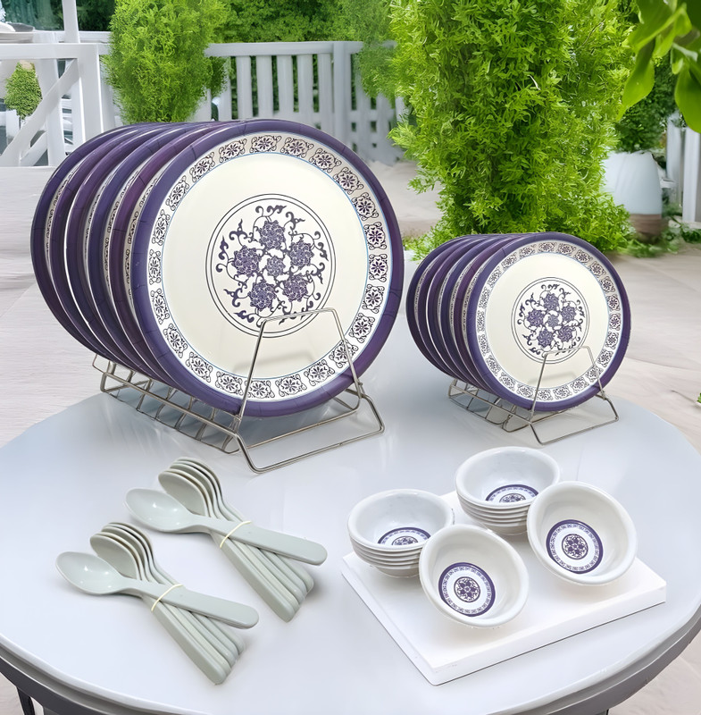 Inpro Pack of 36 Melamin Printed Dinnerware Set Contains 6 Full Plates, 6 Half Plates, 12 Bowl & 12 Spoon Dinner Set(Multicolor)
