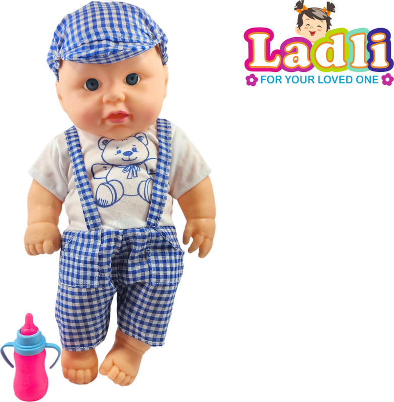 Ladli Little Soft Feel Smiling Teddy Boy in Printed Dress Golu Baba Feeding Doll_C(Red)