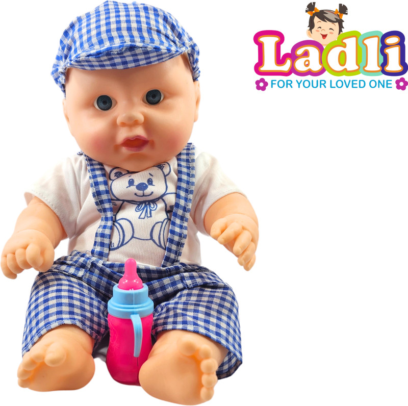 Ladli Rubber Doll for Kids Dress Golu baba Doll for Kids with Milk Bottle Movable Arms(Blue)