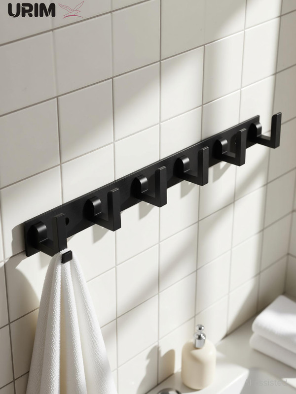 URIM Premium Stainless Steel 6 Pin Cloth Hanger Wall Mounted Bathroom Cloth Hanger,Coth Wall Hook,Door Hooks Rail for Hanging Keys,Clothes,Towel (Pack of 1) BLACK WITH 2 J HOOKS Door Hanger