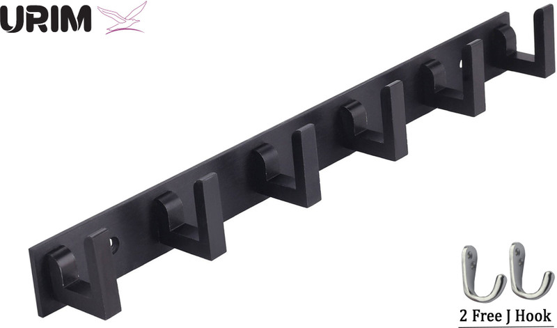 URIM Premium Stainless Steel 6 Pin Cloth Hanger Wall Mounted Bathroom Cloth Hanger,Coth Wall Hook,Door Hooks Rail for Hanging Keys,Clothes,Towel (Pack of 1) BLACK WITH 2 J HOOKS Door Hanger