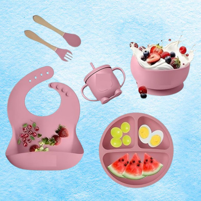 Dipdark 6PC_Baby Feeding Combo with Bib Plate Bowl Spoon and Fork  - Silicone(Multicolor)