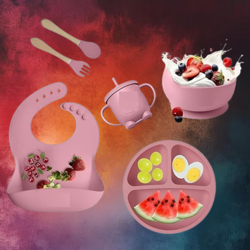 Dipdark 6PC_Toddler Feeding Combo with Divided Plate Bowl and Cup  - Silicone(Multicolor)