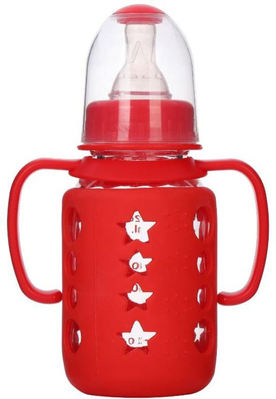 KIDS MY LITTLE Premium Glass Feeding Bottle With Removable Silicon Cover and Training Handle. - 120 ml(Red)