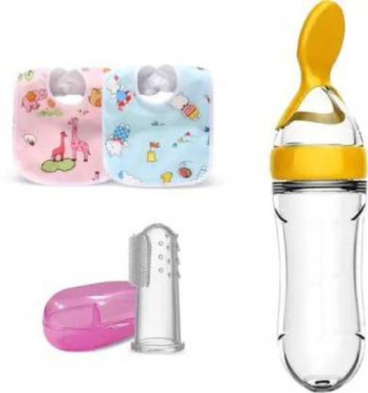 Saraswati kart Baby Spoon Feeding Finger Brush & 2 pcs Bib Water Proof BPA free - Silicone(Yellow)