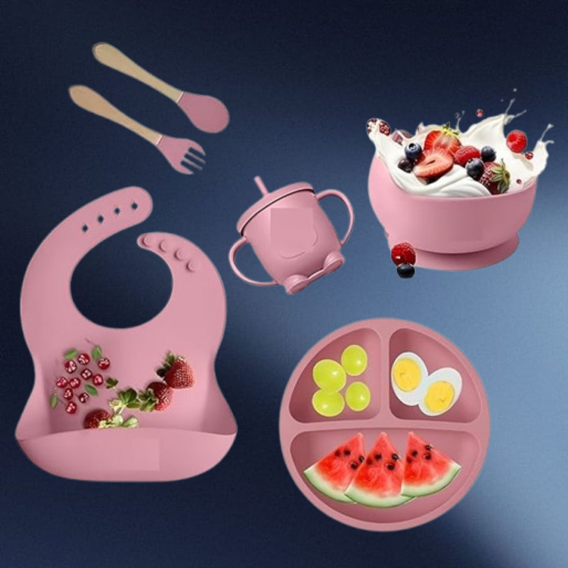 Dipdark 6PC_Infant Dining Set with Bib Plate Spoon Fork and Cup  - Silicone(Multicolor)